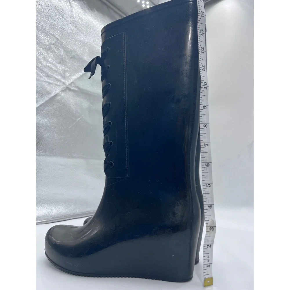 Womens Black Rubber Lace Up Wedge Rain Boots Tall Glossy Waterproof Size 8